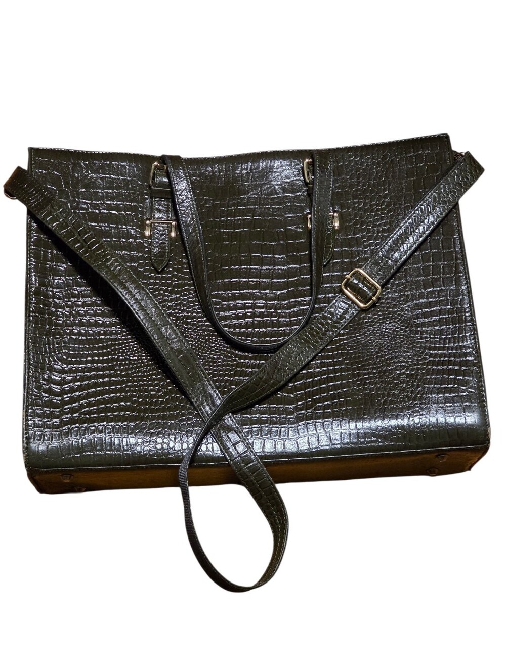 Laptop Tote Bag Green Croc Embossed Faux Leather Multi Interior Compartments